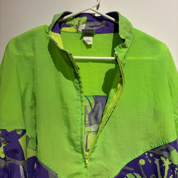 80s Vintage Asics Volleyball Retro Windbreaker Neon Green Purple Large - Picture 6 of 14
